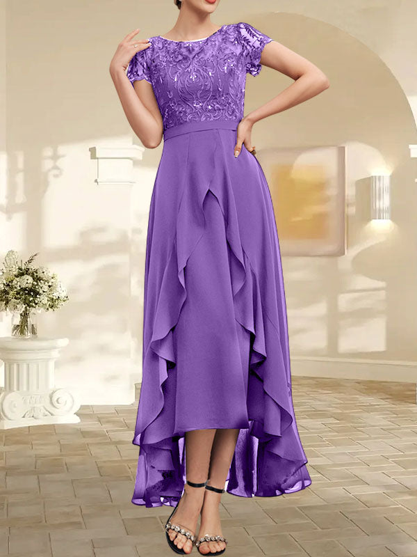 Vestido de madre de la novia de gasa asimétrica con escote en A, ilusión, encaje, lazo, volantes y lentejuelas 