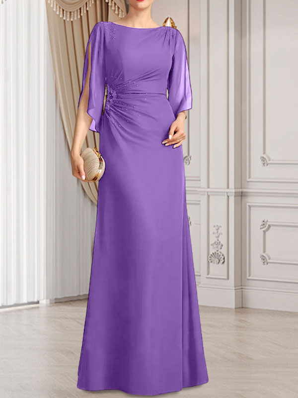 Etui-/Säulen-Chiffonkleid in Bodenlänge für die Mutter der Braut mit plissierter Perlenstickerei