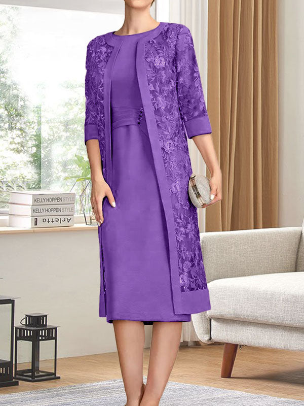 Vestido de gasa para madre de la novia con escote redondo hasta la rodilla, corte tubo/columna y lentejuelas plisadas