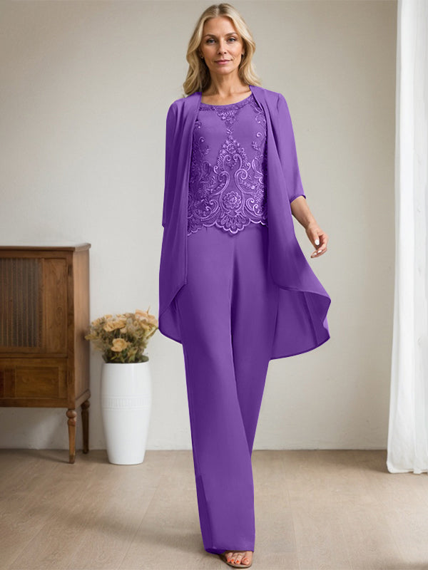 Vestido de madre de la novia de gasa con encaje, escote redondo y lentejuelas y mono/pantalón separado 