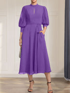 A-Linien-Kleid aus Chiffon mit hohem Kragen, Teelänge und Spitze für die Mutter der Braut, verziert mit einer Schleife