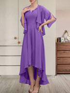 A-Linien-Kleid aus Chiffon mit V-Ausschnitt, asymmetrischem Muster und Perlen- und Paillettenbesatz für die Mutter der Braut