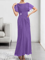 A-Linien-Chiffonkleid mit Rundhalsausschnitt, knöchellang, mit Perlenstickerei und Falten für die Mutter der Braut