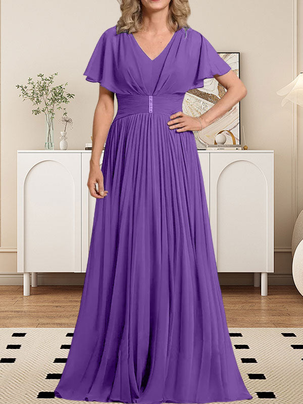 Vestido de gasa para madre de la novia, corte A, escote en V, largo hasta el suelo, con broche de cristal y plisado 