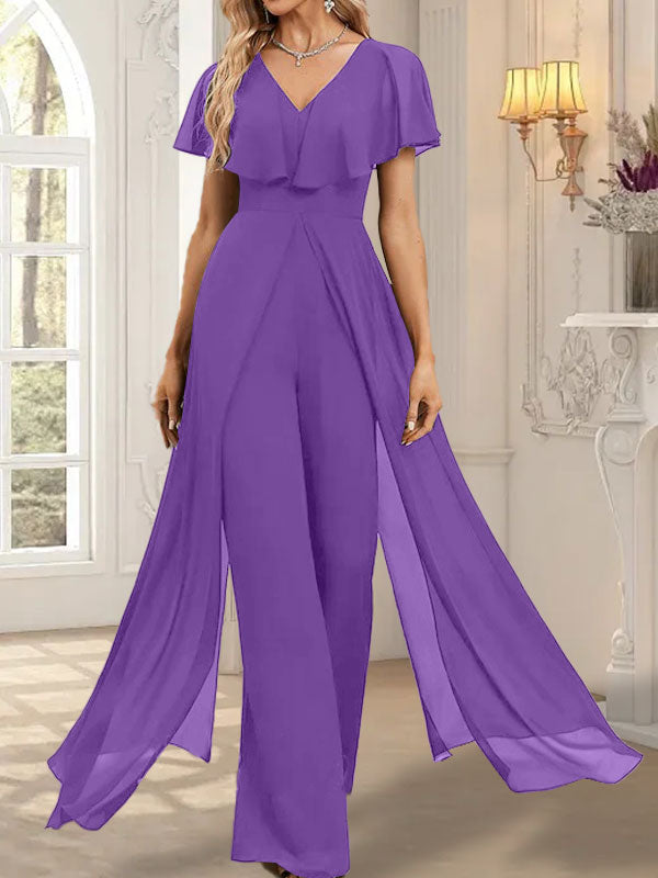 Vestido de noche de gasa con escote en V y largo hasta el suelo, tipo mono/pantalón