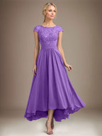 A-Linien-Kleid aus Chiffon mit asymmetrischem, plissiertem Spitzeneinsatz und Illusion-Ausschnitt für die Mutter der Braut 