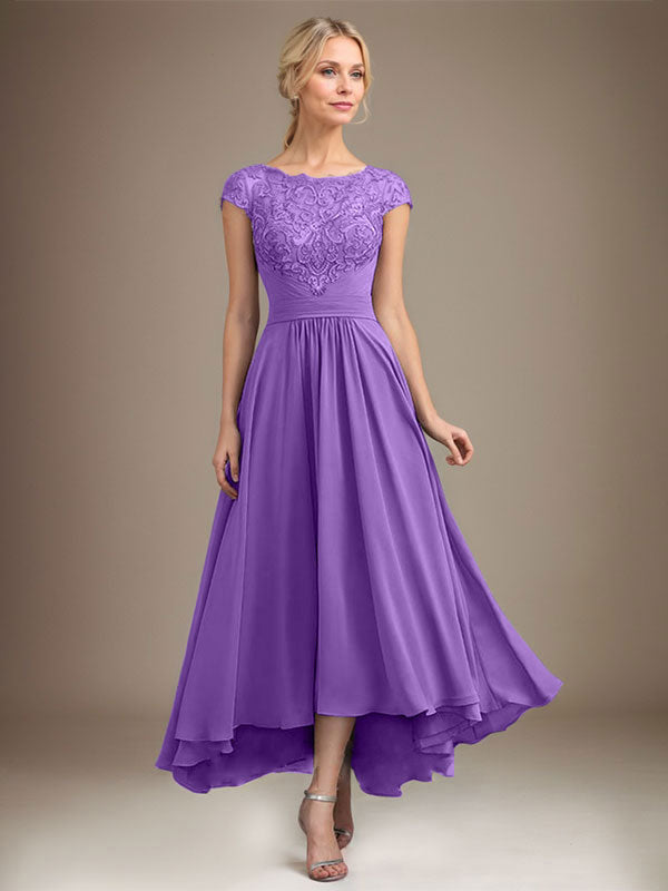 A-Linien-Kleid aus Chiffon mit asymmetrischem, plissiertem Spitzeneinsatz und Illusion-Ausschnitt für die Mutter der Braut 