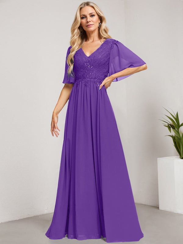 A-Linien-Kleid aus Chiffon mit V-Ausschnitt, bodenlang, mit Pailletten besetzt – ideal für die Mutter der Braut 