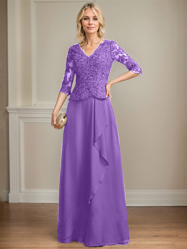 Vestido de gasa con encaje y escote en V hasta el suelo para madre de la novia con volantes en cascada y lentejuelas 