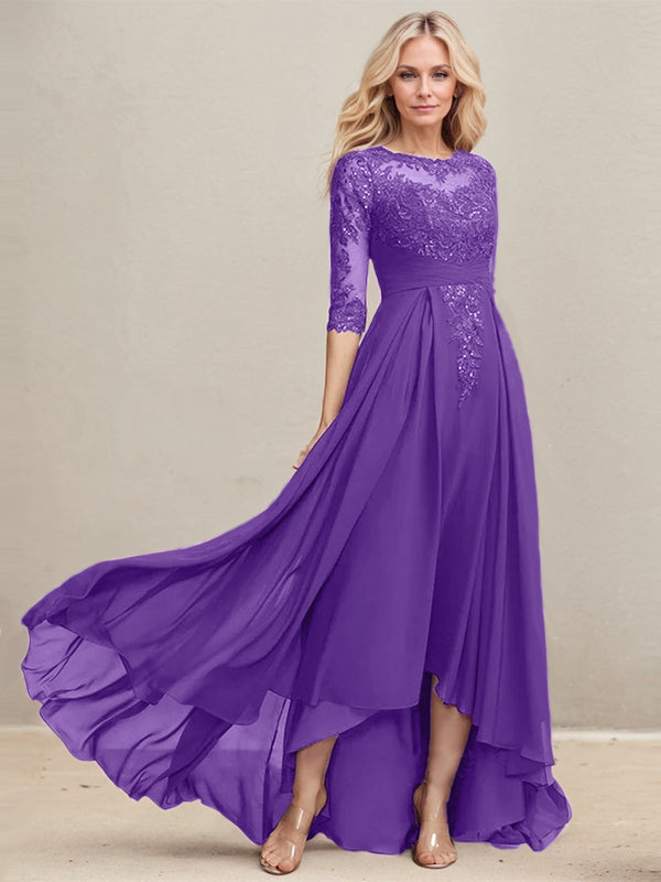 Vestido de madre de la novia de gasa con encaje asimétrico, ilusión, corte A y lentejuelas plisadas 