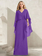 A-Linien-Kleid aus Chiffon mit V-Ausschnitt, bodenlang, mit Kaskadenrüschen und Perlenstickerei für die Mutter der Braut. 
