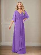Langes Pailletten-Chiffon-Kleid in A-Linie mit V-Ausschnitt für die Mutter