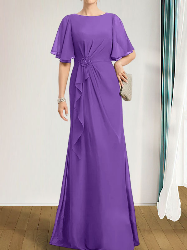 Vestido de gasa para madre de la novia, corte A, escote redondo, largo hasta el suelo, con volantes en cascada, cuentas y lentejuelas