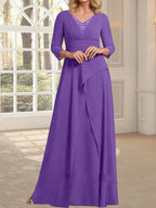 A-Linien-Kleid aus Chiffon mit V-Ausschnitt, bodenlang, für die Mutter der Braut, mit plissierter Perlenstickerei