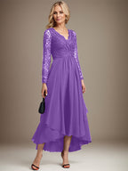 A-Linien-Kleid aus Chiffon mit V-Ausschnitt und asymmetrischer Spitze für die Mutter der Braut
