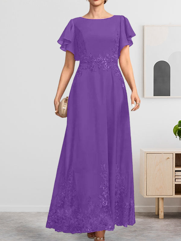 A-Linien-Kleid mit Rundhalsausschnitt, knöchellang, aus Spitze und Chiffon, mit Pailletten besetzt