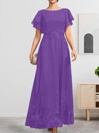 A-Linien-Kleid mit Rundhalsausschnitt, knöchellang, aus Spitze und Chiffon, mit Pailletten besetzt