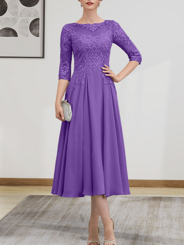 A-Linien-Kleid mit U-Boot-Ausschnitt, Illusion-Detail, Teelänge, Chiffonspitze, Perlenstickerei und Pailletten für die Mutter der Braut