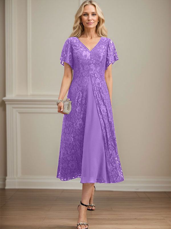 A-Linien-Kleid aus Chiffon mit V-Ausschnitt und Teelänge für die Mutter der Braut 