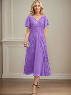 A-Linien-Kleid aus Chiffon mit V-Ausschnitt und Teelänge für die Mutter der Braut 