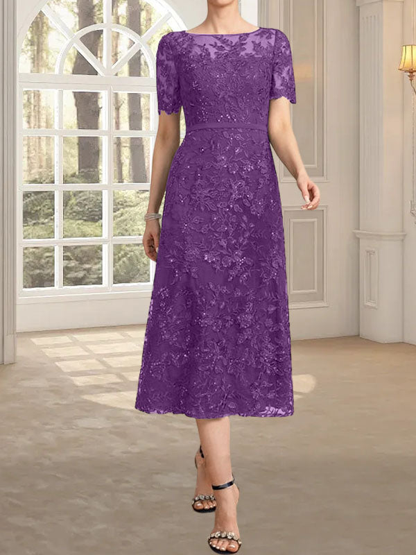 A-Linien-Kleid mit Rundhalsausschnitt, Illusion-Ausschnitt, Teelänge, Spitze und Pailletten für die Mutter der Braut