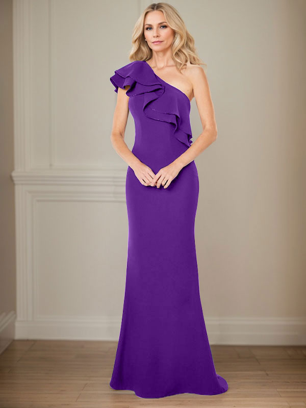 Vestido de gasa para madre de la novia, corte A, un hombro, largo hasta el suelo, con volantes 
