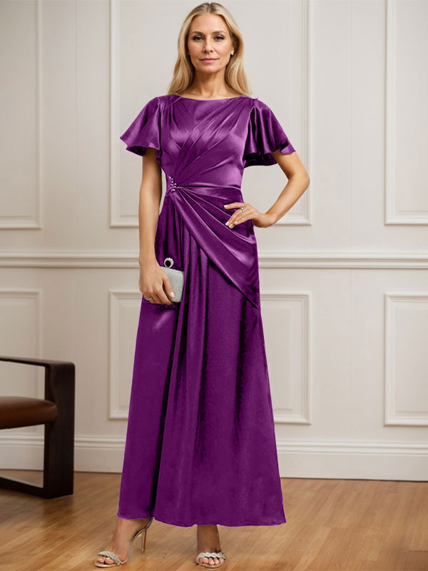 Vestido de madre de la novia de satén elástico con escote redondo y largo hasta los tobillos, corte en A y cuentas plisadas 