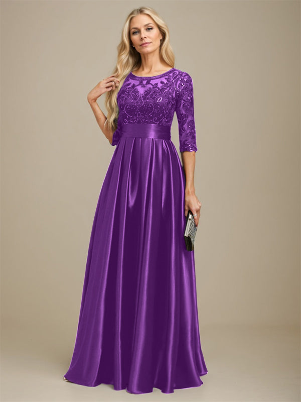 Vestido de madre de la novia de satén elástico con encaje, corte A, escote ilusión, largo hasta el suelo, con lazo y lentejuelas 