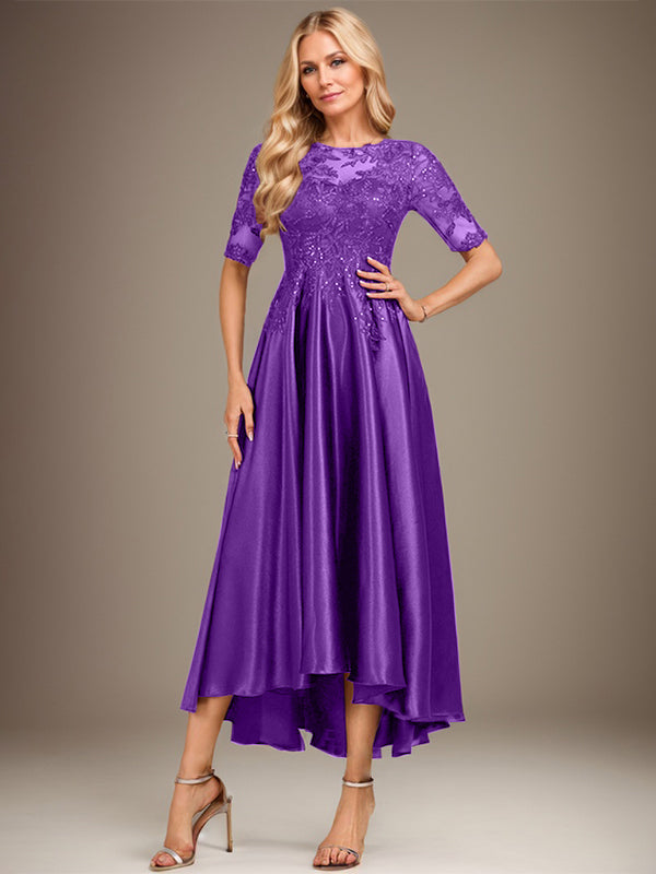 Vestido de madre de la novia de encaje satinado elástico asimétrico con ilusión de escote en A y lentejuelas 
