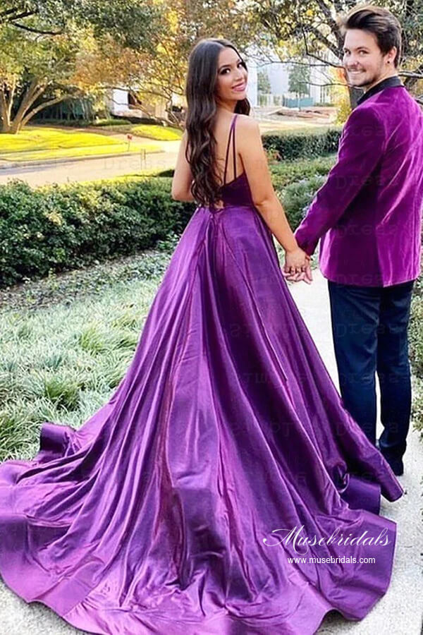 Vestidos de Noche Largos de Fiesta de Satén Línea A sin Espalda con Abertura