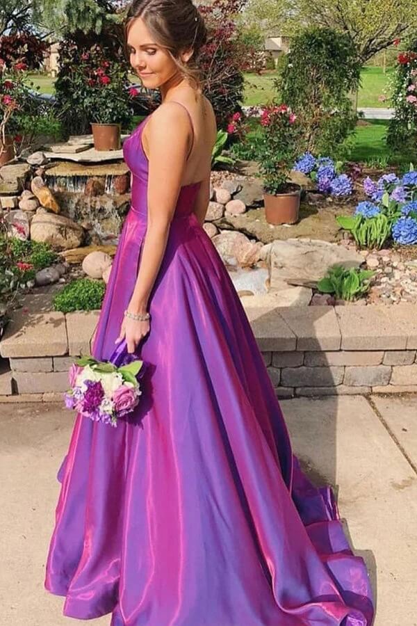 Satin A-line Spaghetti Straps Prom Dresses With Pockets Party Dress