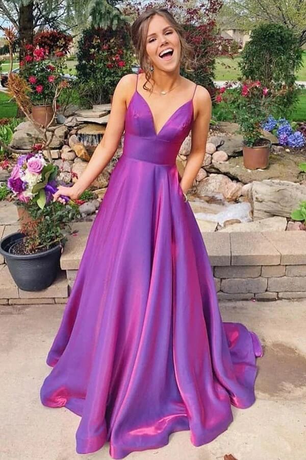 Satin A-line Spaghetti Straps Prom Dresses With Pockets Party Dress