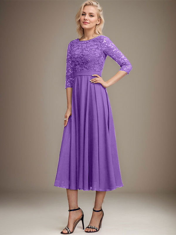 A-Linien-Kleid mit Rundhalsausschnitt, Teelänge, Spitze, Chiffon, Pailletten, für die Mutter der Braut