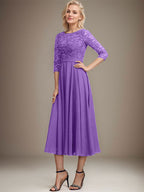 A-Linien-Kleid mit Rundhalsausschnitt, Teelänge, Spitze, Chiffon, Pailletten, für die Mutter der Braut