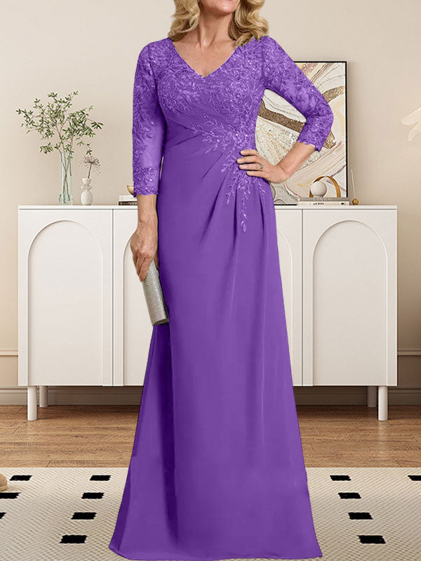 Etuikleid/Säulenkleid mit V-Ausschnitt, Illusion-Detail, bodenlang, aus Chiffonspitze und plissierten Pailletten für die Mutter der Braut 