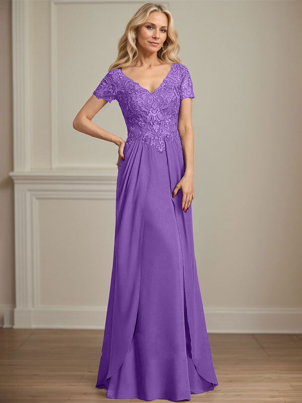Vestido de gasa con encaje y escote en V hasta el suelo para madre de la novia