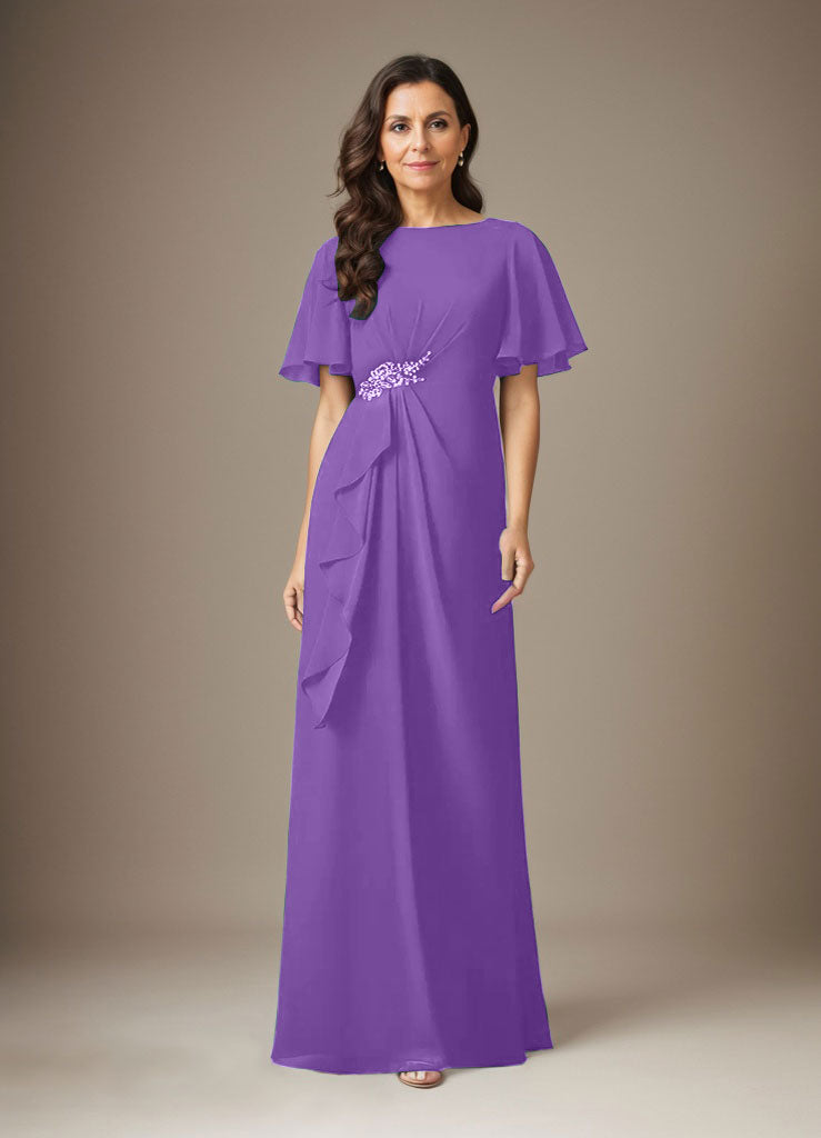 Dunkelblaues Etuikleid aus Chiffon mit Perlenbesatz