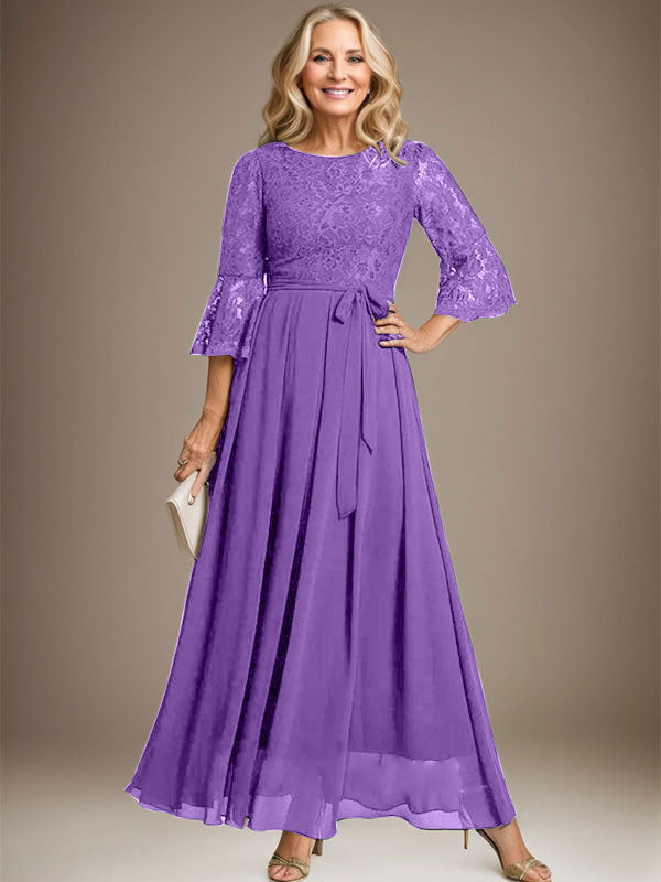 A-Linien-Kleid aus Chiffon mit Rundhalsausschnitt und Schleife, knöchellang, für die Mutter der Braut