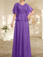 Vestido de gasa para madre de la novia, corte A, escote en V, largo hasta el suelo, con cuentas plisadas