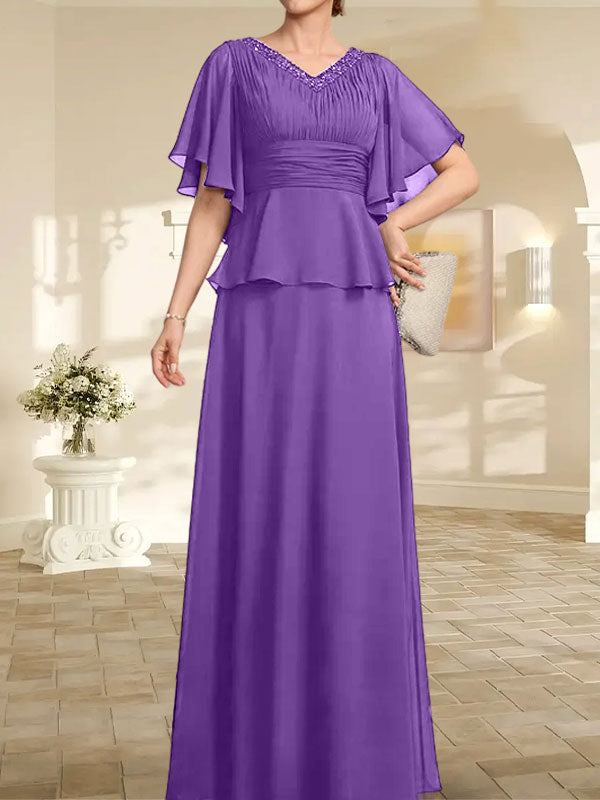 Vestido de gasa para madre de la novia, corte A, escote en V, largo hasta el suelo, con cuentas plisadas