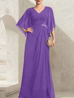 Vestido de gasa para madre de la novia, con escote en V, largo hasta el suelo, con lentejuelas plisadas y abalorios.