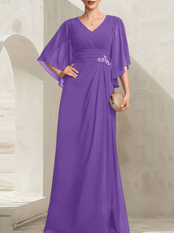 Vestido de gasa para madre de la novia, con escote en V, largo hasta el suelo, con lentejuelas plisadas y abalorios.