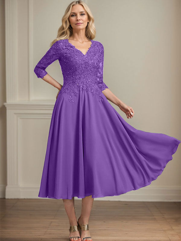 A-Linien-Kleid aus Chiffonspitze mit V-Ausschnitt, Teelänge, Perlen- und Paillettenstickerei für die Mutter der Braut 