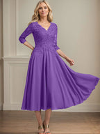 A-Linien-Kleid aus Chiffonspitze mit V-Ausschnitt, Teelänge, Perlen- und Paillettenstickerei für die Mutter der Braut 