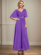 A-Linien-Chiffonkleid mit V-Ausschnitt, Knöchellänge, plissierten Pailletten und Perlenstickerei für die Mutter der Braut