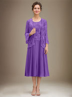 Vestido de gasa con encaje y lentejuelas para madre de la novia, corte A, escote redondo y largo hasta la rodilla 