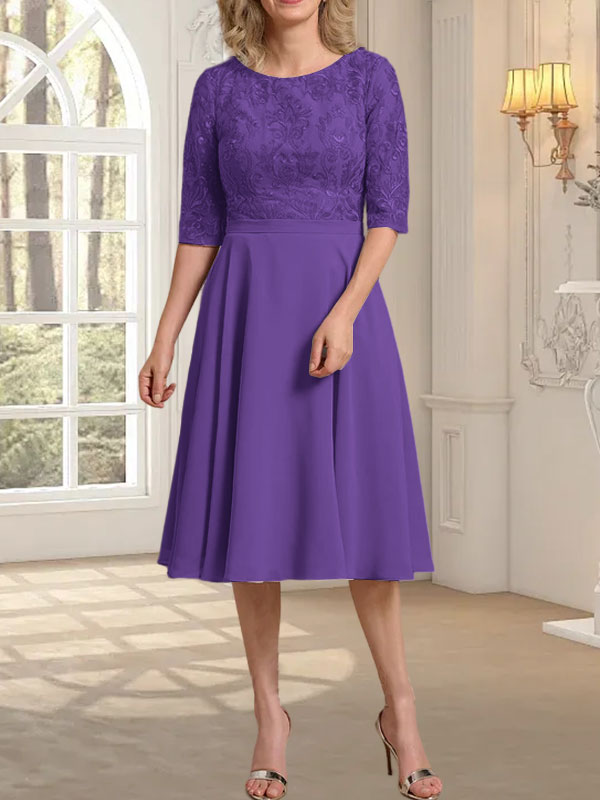 Vestido de gasa con encaje y escote redondo hasta la rodilla para madre de la novia