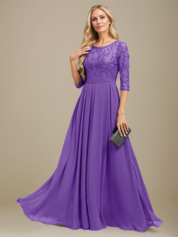 Vestido de gasa con encaje y apliques de lentejuelas para madre de la novia, corte A, largo hasta el suelo 