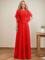 A-Linien-Kleid mit Rundhalsausschnitt, Illusion-Effekt, bodenlang, aus Chiffon und Spitze mit Pailletten – das perfekte Brautmutterkleid 