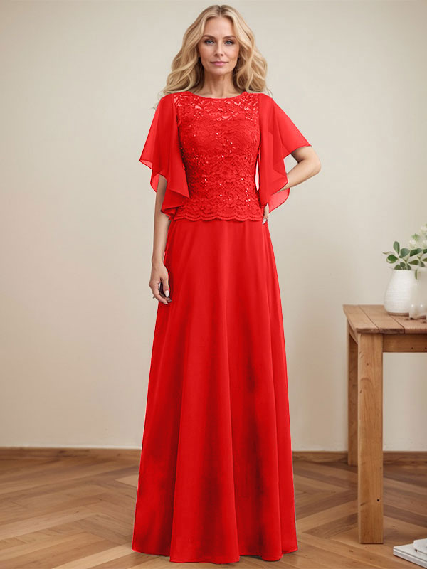 Vestido de madre de la novia de gasa con encaje, ilusión, largo hasta el suelo, corte A y lentejuelas 